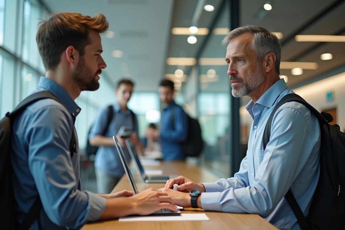 Professeur aidant un étudiant dans un espace universitaire