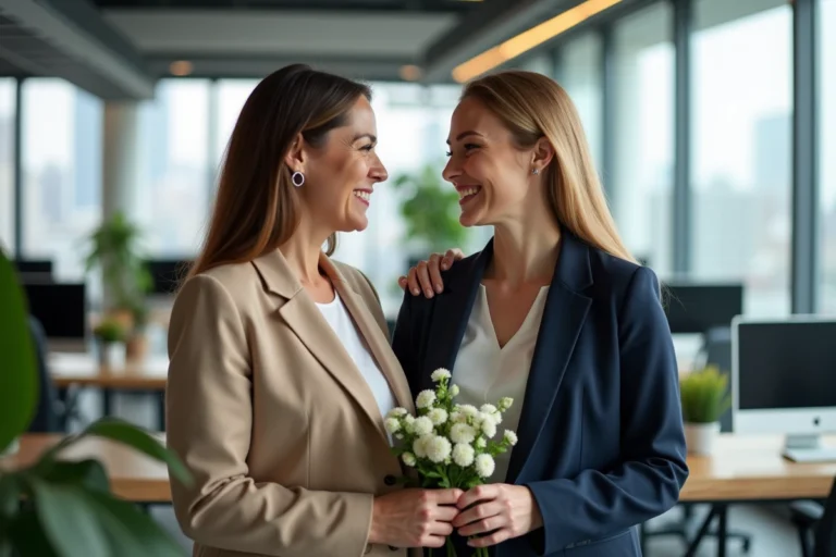 Deux collègues féminines se faisant leurs adieux avec élégance dans un bureau moderne, l'une offrant un bouquet de fleurs blanches à l'autre