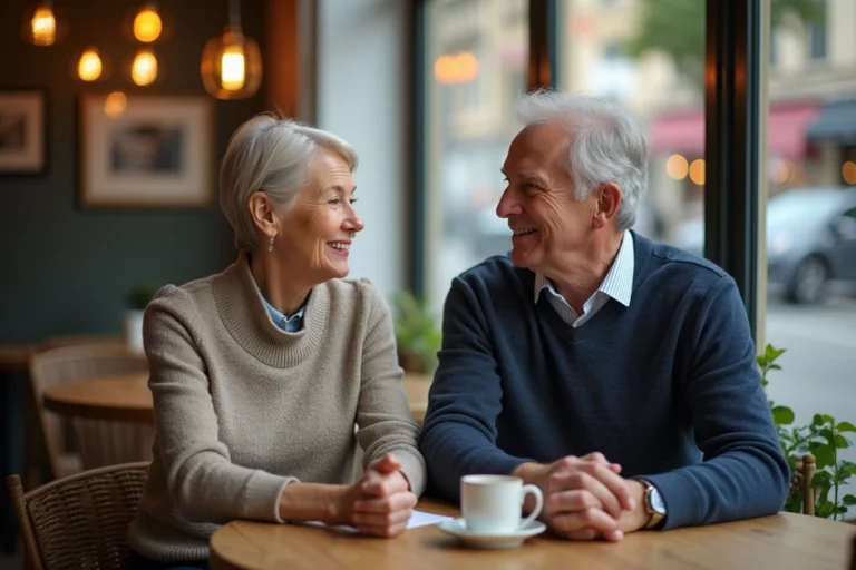 Couple de seniors discutant dans un café lumineux