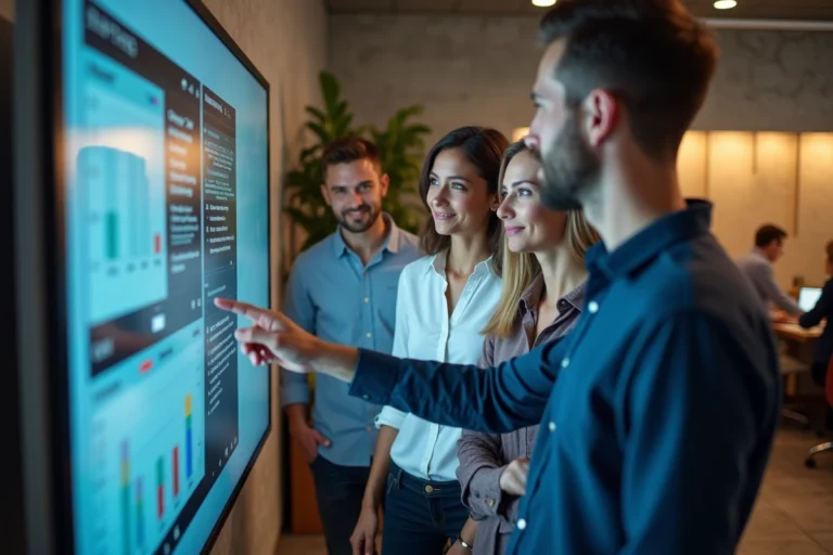 Équipe de professionnels collaborant autour d'un écran interactif avec des outils numériques de gestion de projet en open-space