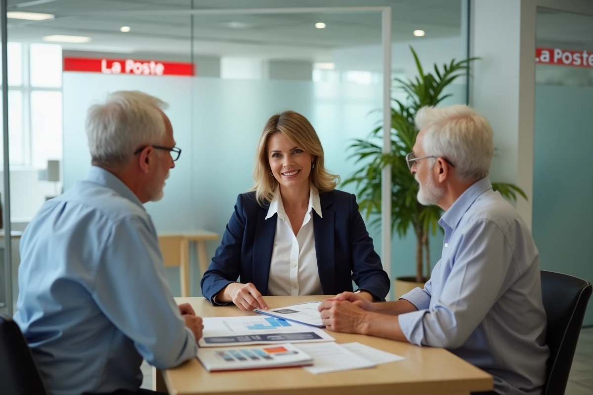 Conseillère La Poste présentant un plan de retraite à un couple lors d'un rendez-vous