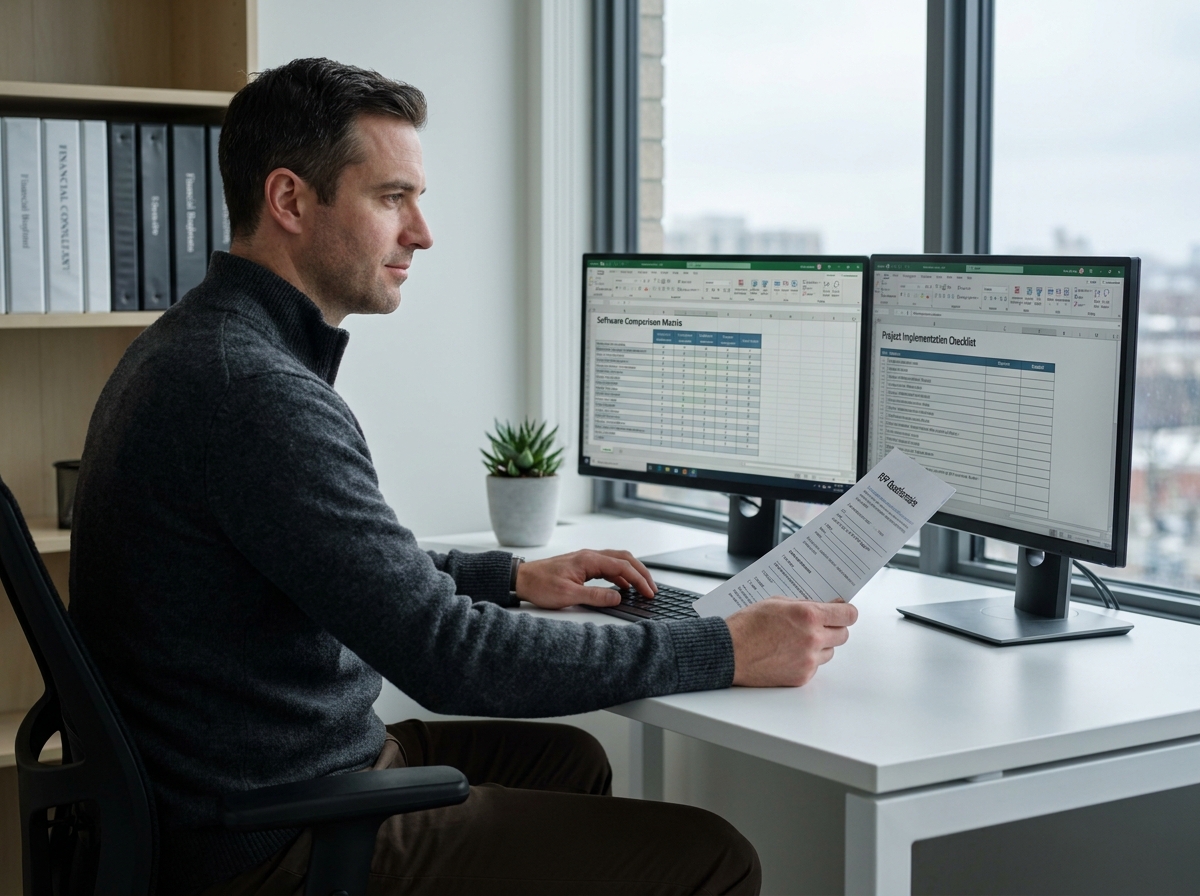 Consultant financier comparant des logiciels de gestion sur double écran avec une liste de critères imprimée