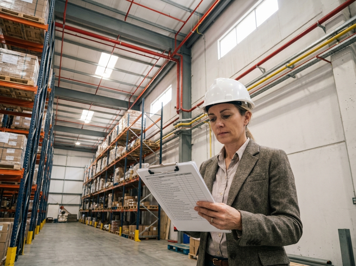 Consultante en sécurité incendie évaluant la conformité dans un entrepôt industriel avec liste de contrôle