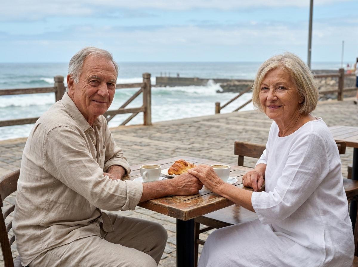 Couple d age adulte partageant un café au bord de la mer