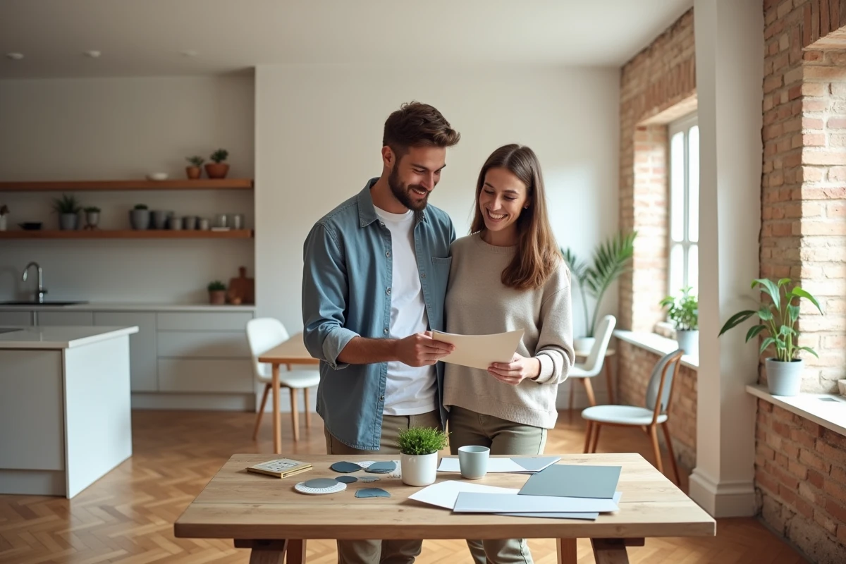Couple examinant des échantillons de matériaux dans une cuisine-salon entièrement rénovée avec parquet en chevrons