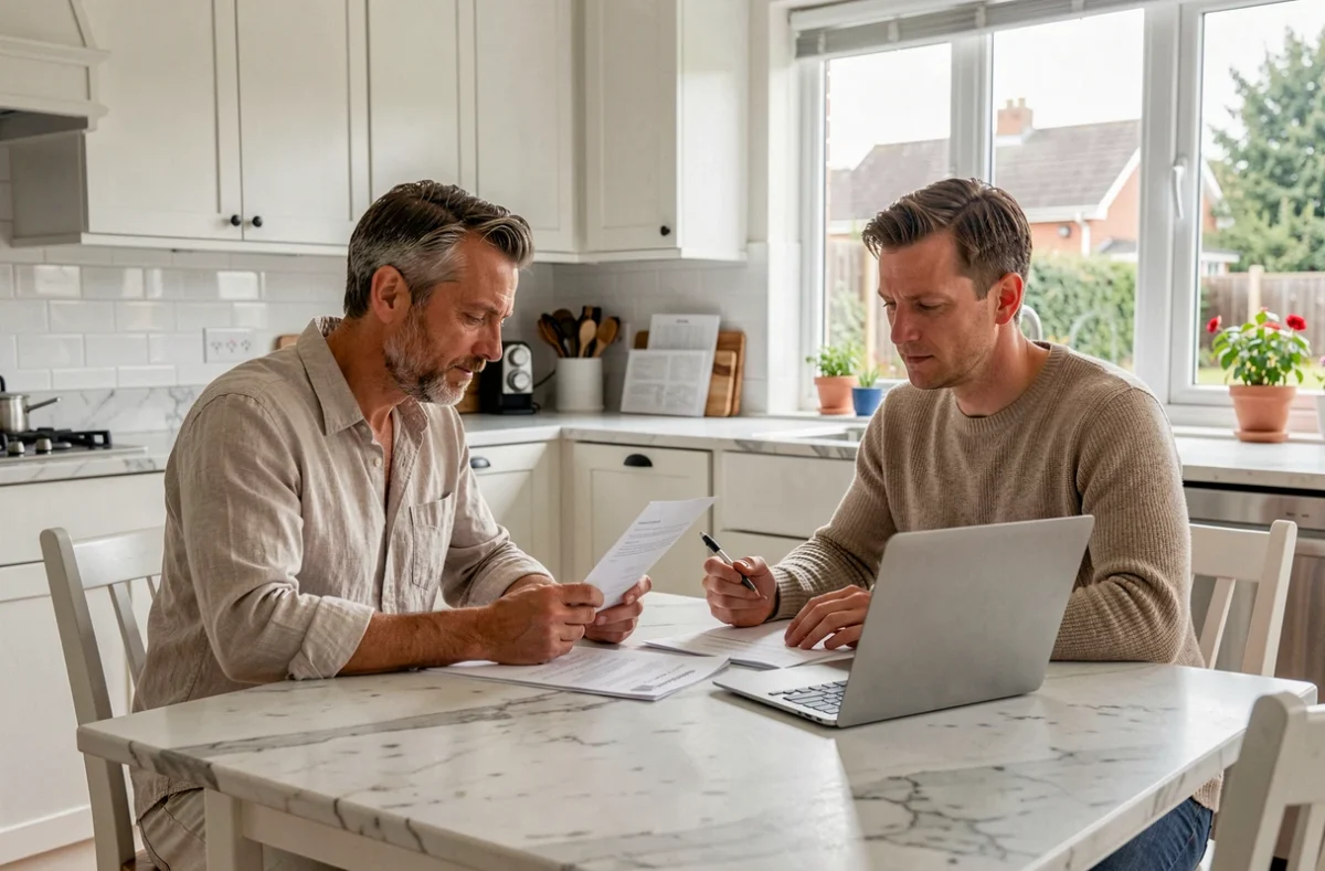 Un couple examine ensemble des documents de prêt immobilier sur leur table de cuisine à la maison