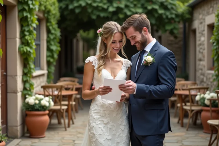 Couple de mariés consultant une liste d'organisation de mariage dans une cour en pierre décorée de fleurs et de lierre