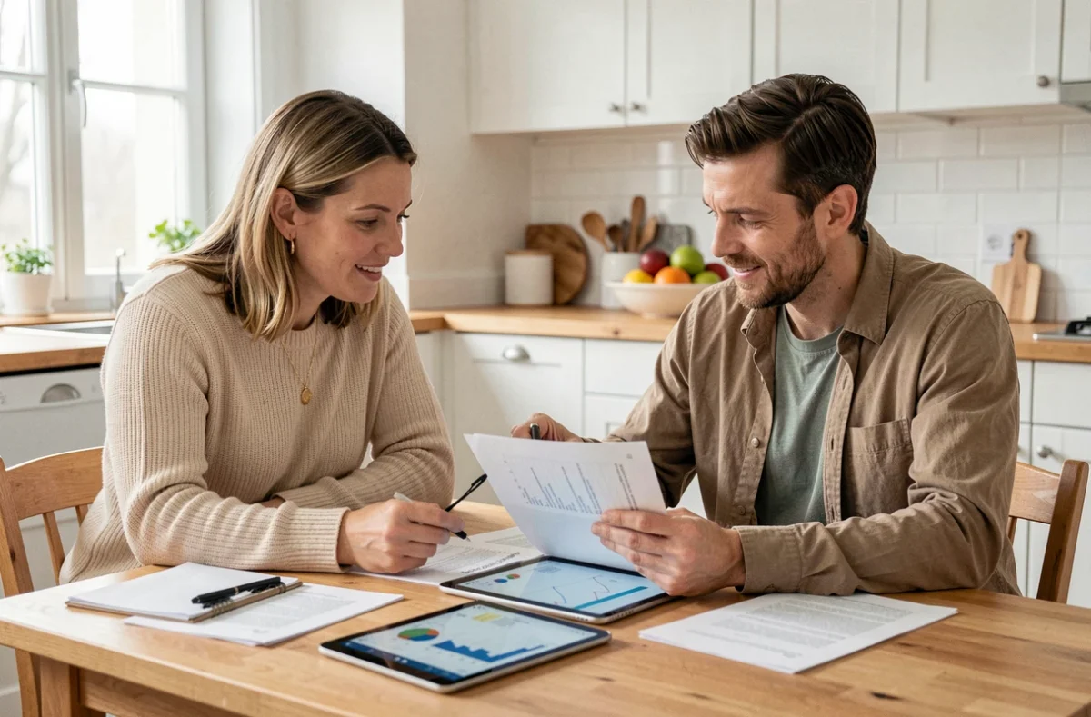 Couple qui planifie ensemble ses finances personnelles avec des documents et une tablette dans une cuisine moderne