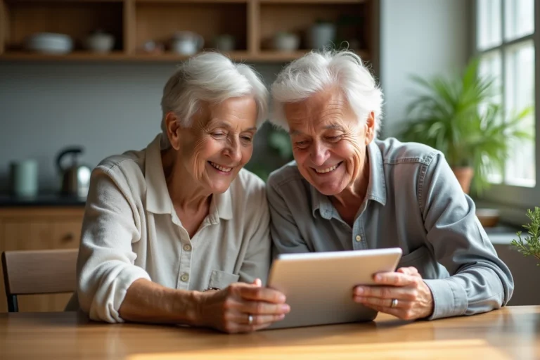 Couple senior souriant planifiant un voyage avec une tablette