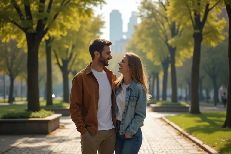 Couple complice se promenant dans un parc urbain, illustrant la vie personnelle et amoureuse d'un footballeur célèbre