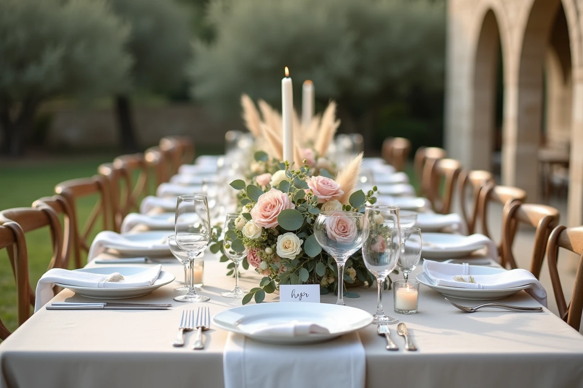 Table de réception de mariage élégamment décorée avec des fleurs, de la vaisselle en céramique et des verres en cristal dans un jardin de campagne française