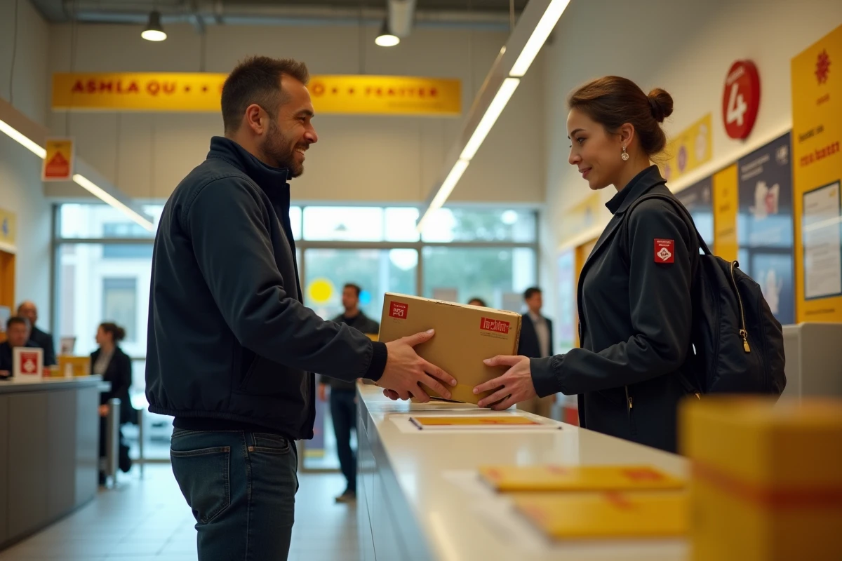 Homme déposant un colis de retour Zalando dans un bureau de poste en France