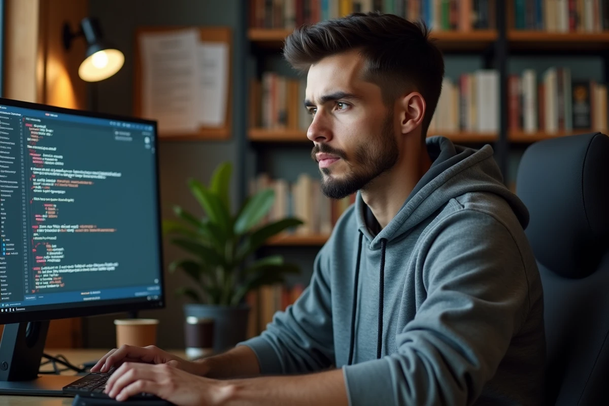 Jeune développeur web masculin travaillant sur deux écrans dans un bureau à domicile, représentant les opportunités de carrière dans le numérique