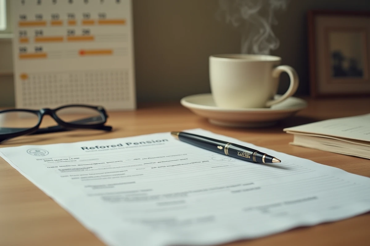 Documents officiels de retraite de La Poste posés sur un bureau avec stylo et lunettes