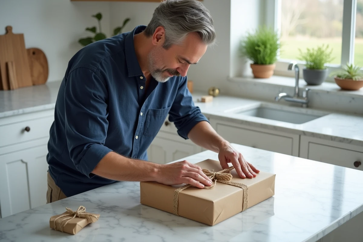 Homme emballant soigneusement un cadeau original avec du papier kraft sur un plan de travail en marbre