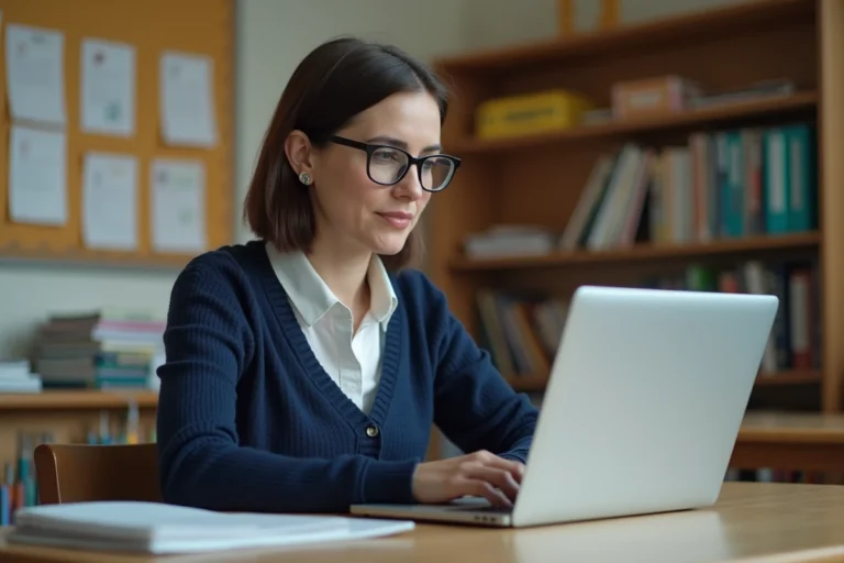 Enseignante consultant l'espace LSU Versailles sur son ordinateur portable dans la salle des professeurs