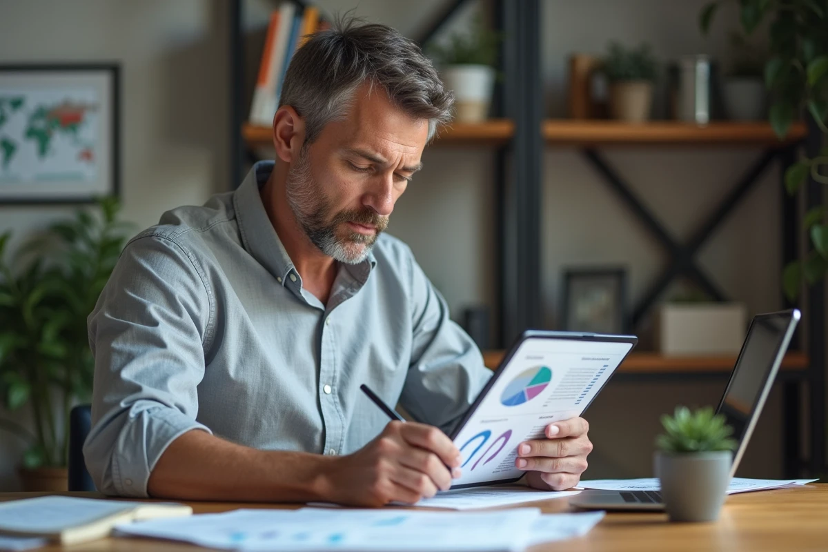 Entrepreneur masculin analysant des rapports financiers et des tableaux de bord sur tablette dans un bureau à domicile organisé