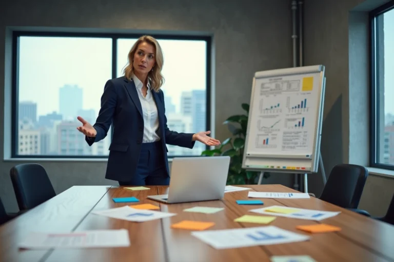Entrepreneuse en blazer marine présentant une stratégie de développement d'entreprise devant un tableau blanc dans un bureau moderne