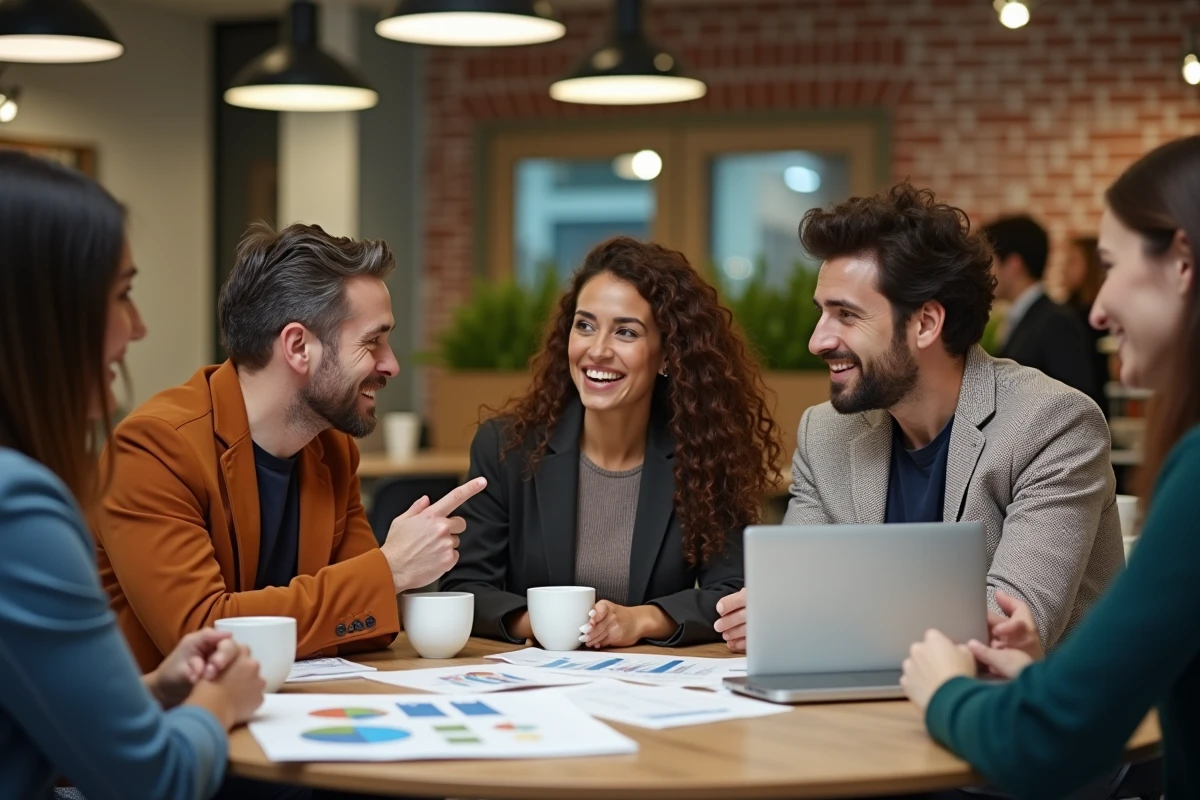 Équipe d'entrepreneurs collaborant autour d'un business plan dans un espace de co-working moderne et convivial