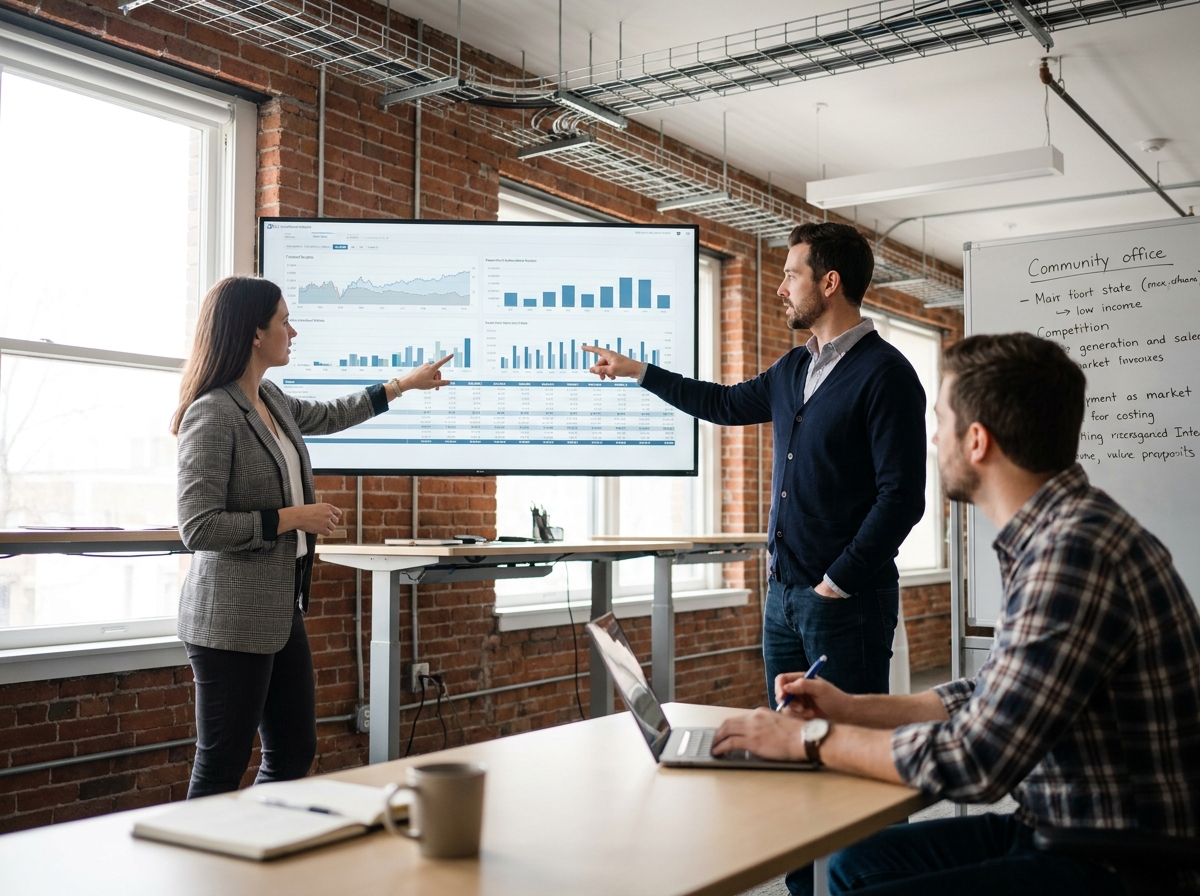 Équipe de professionnels évaluant un tableau de bord financier sur grand écran pour choisir un logiciel de gestion