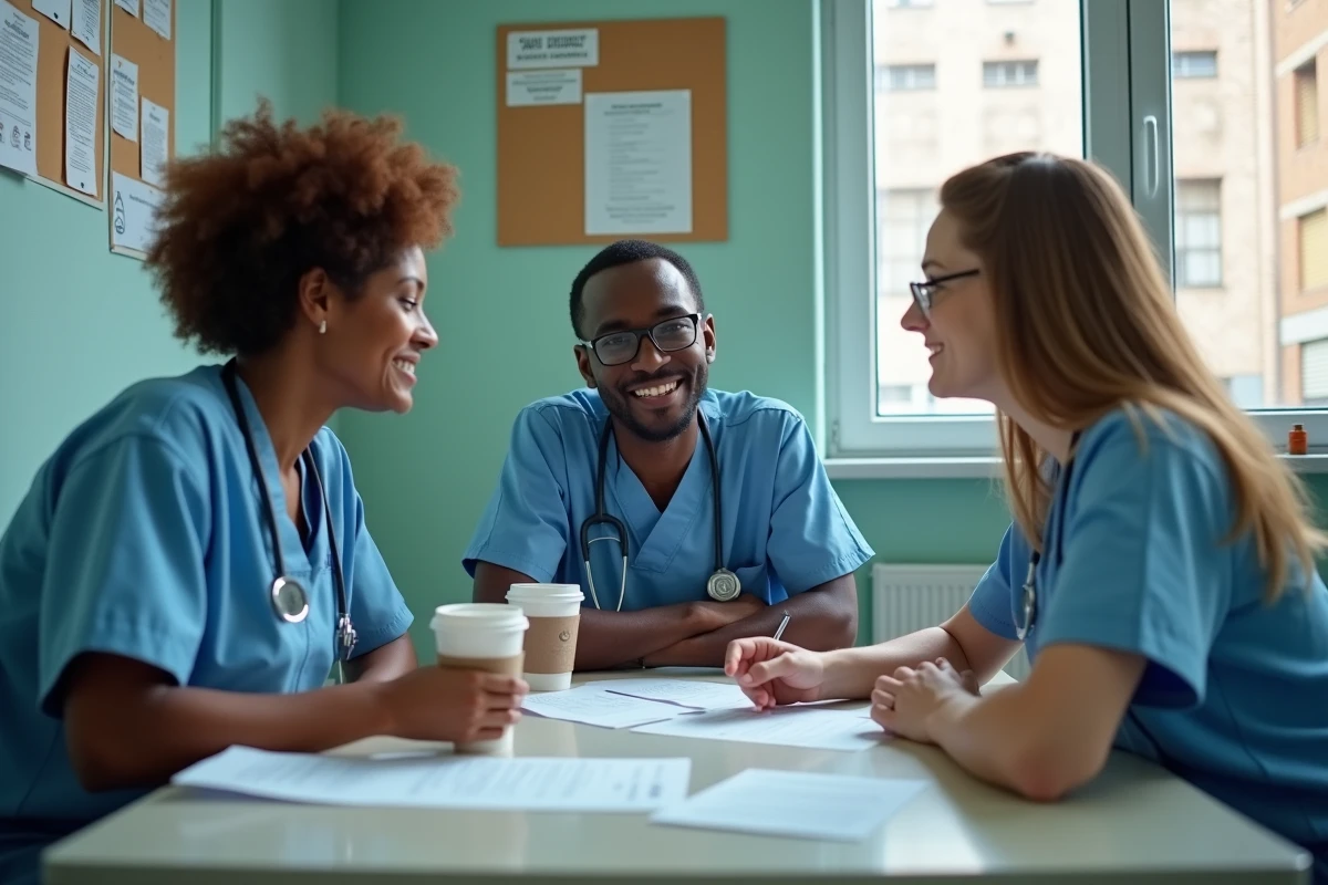 Équipe médicale multiculturelle en réunion dans une salle de repos d'hôpital français
