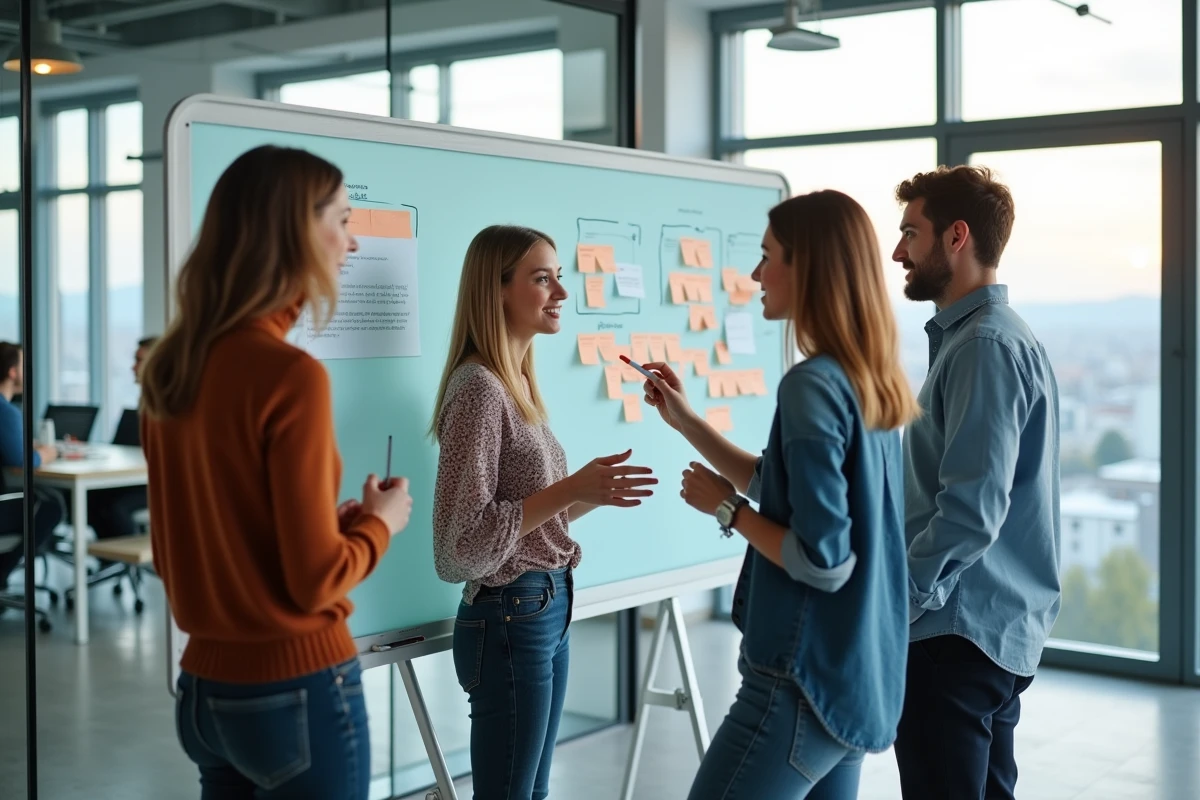 Équipe de jeunes professionnels du numérique collaborant autour d'un tableau interactif dans une startup, illustrant les métiers accessibles via une plateforme d'emploi digital