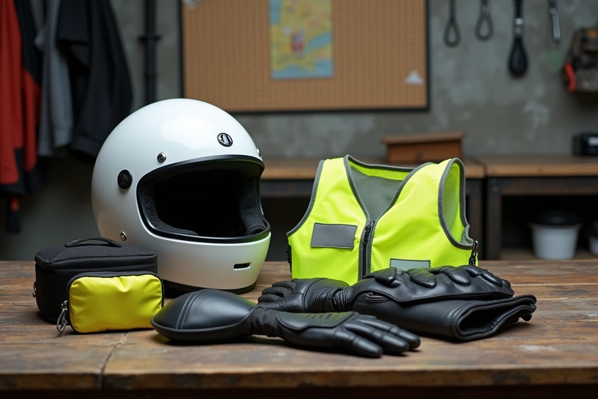 Équipement obligatoire pour moto en Espagne disposé en flat lay : casque homologué, gilet réfléchissant, gants et protections