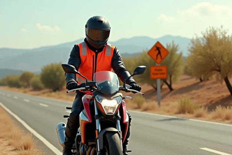 Motard équipé d'un casque homologué et d'un gilet haute visibilité sur une route espagnole, équipement obligatoire moto Espagne