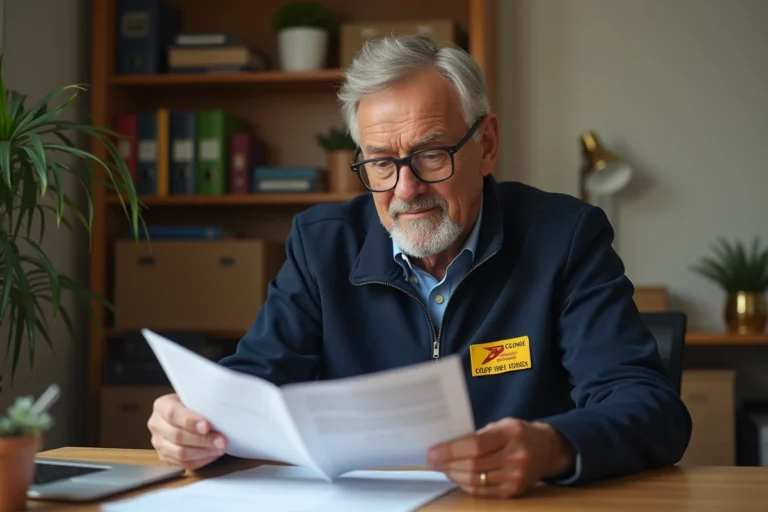 Facteur à la retraite consultant ses documents de pension La Poste à son bureau