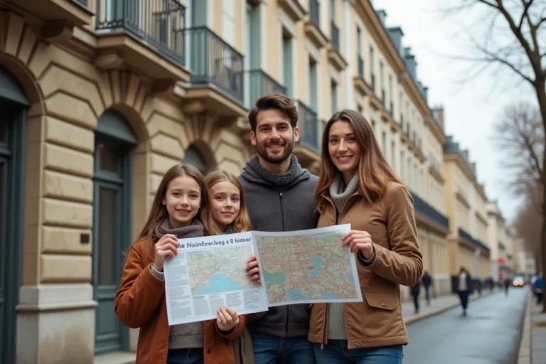 Famille avec enfants devant un immeuble résidentiel à Lyon lors d'une recherche d'appartement