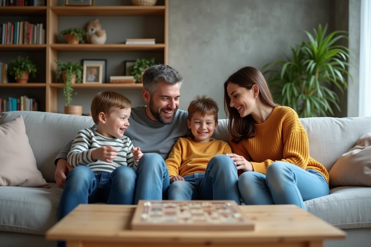 Família reunida em uma sala moderna e acolhedora ao redor de um jogo de tabuleiro, representando a vida familiar de um jogador de futebol profissional