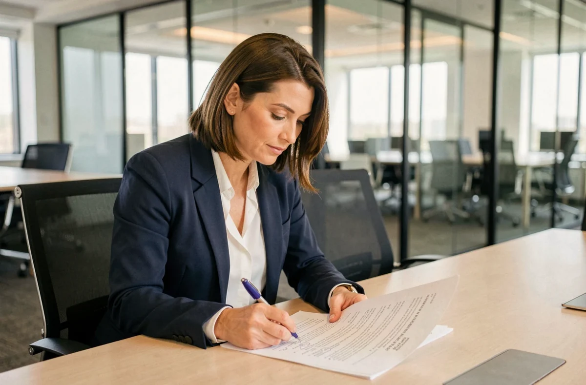 Femme d'affaires examinant un contrat juridique B2B dans une salle de réunion moderne