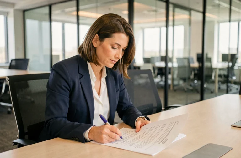 Femme d'affaires examinant un contrat juridique B2B dans une salle de réunion moderne