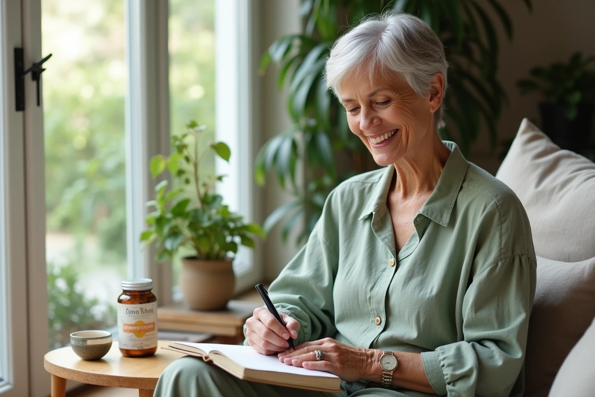 Femme mature souriant en écrivant dans un journal bien-être avec un complément capillaire sur la table