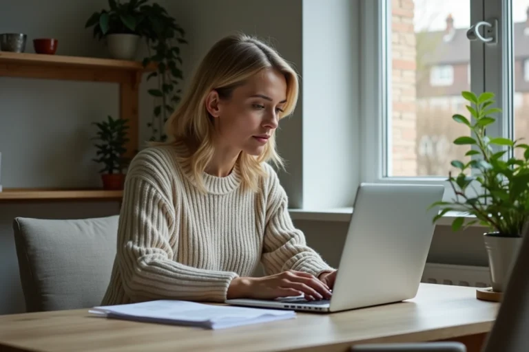 Femme d'âge moyen utilisant un ordinateur portable à domicile