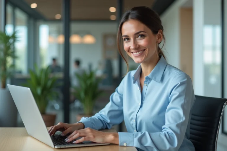 Femme souriante dans un bureau moderne avec ordinateur