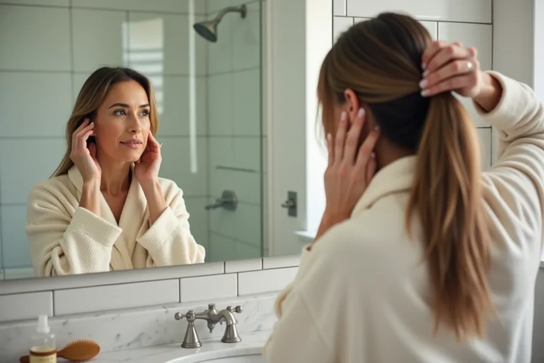 Femme examinant ses cheveux fins devant un miroir de salle de bain avec un complément capillaire posé sur le comptoir