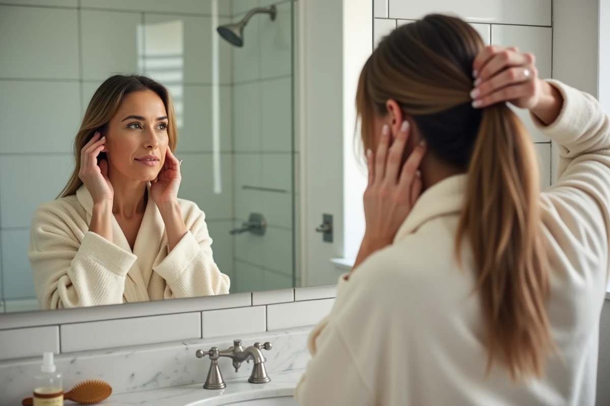 Femme examinant ses cheveux fins devant un miroir de salle de bain avec un complément capillaire posé sur le comptoir
