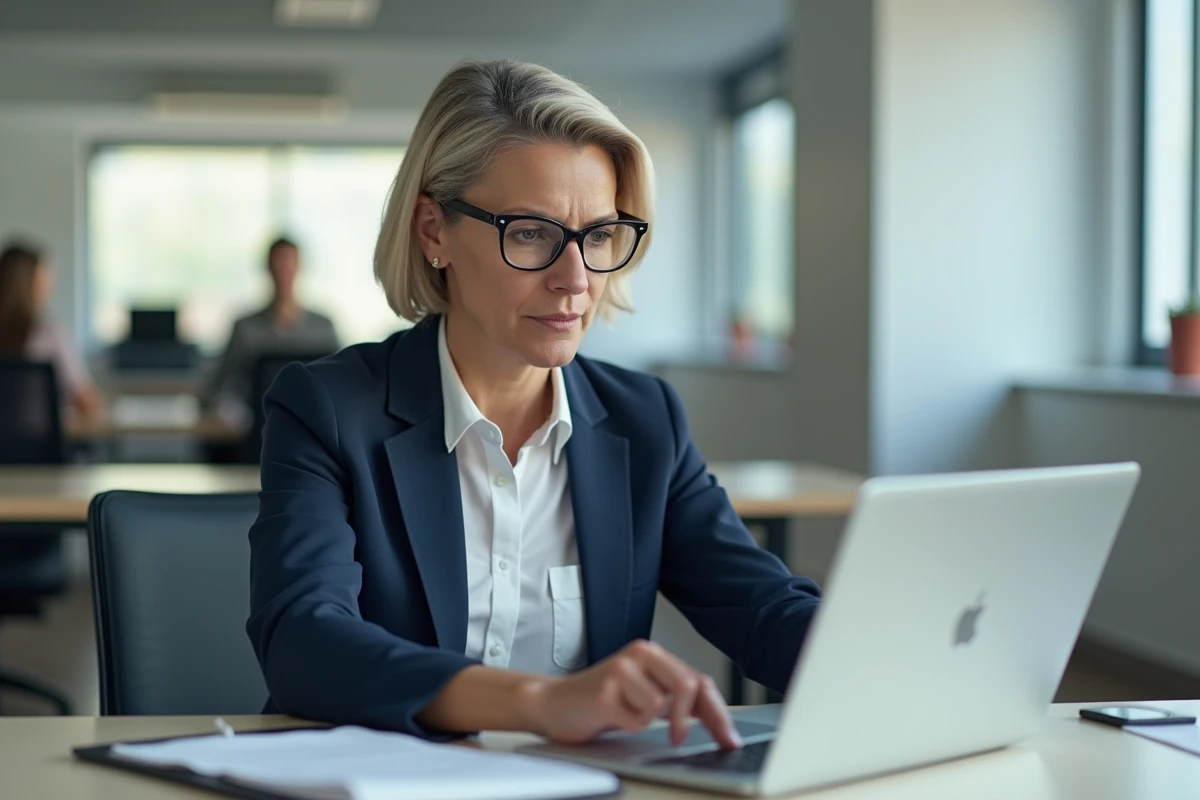 Femme professionnelle consultant son dossier CNAPS sur un ordinateur portable dans un bureau moderne