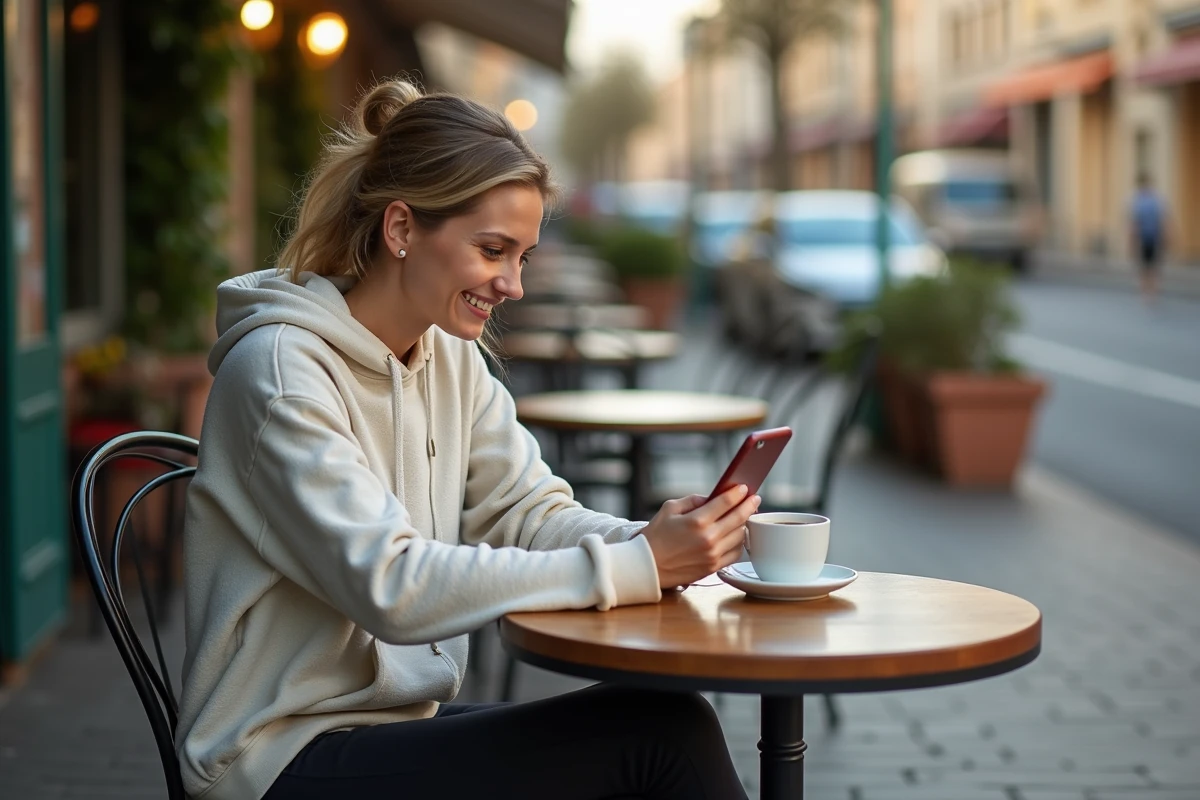 Femme regardant le cricket en direct sur son téléphone portable en terrasse de café