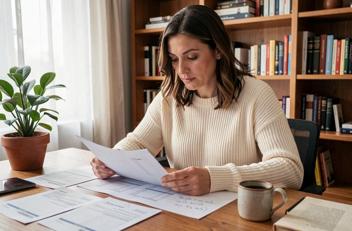 Femme qui analyse son budget personnel sur des feuilles imprimées dans un bureau à domicile chaleureux