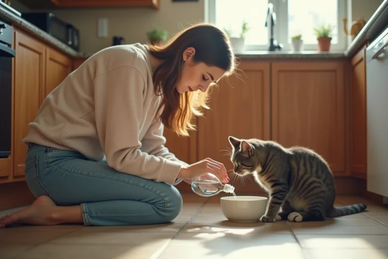 Femme en casual donnant à boire à son chat gris