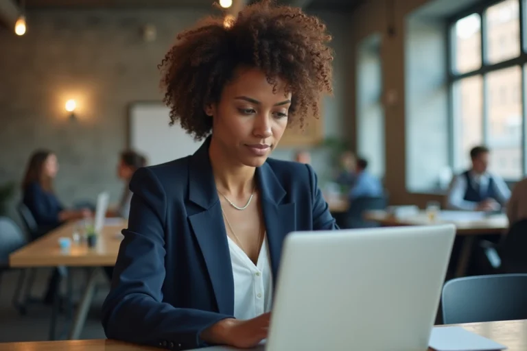 Femme professionnelle travaillant sur son ordinateur portable dans un espace de coworking moderne, illustrant les métiers du numérique accessibles via une plateforme d'emploi