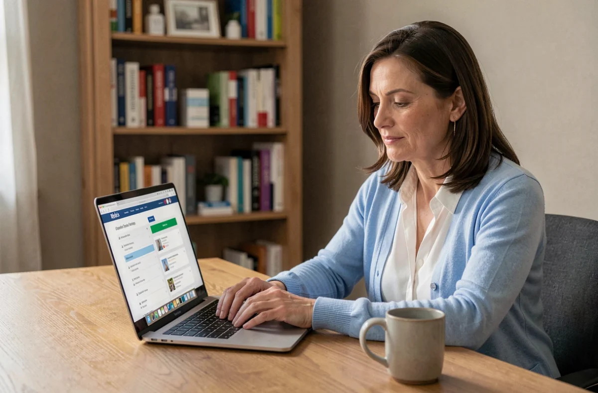 Femme naviguant sur le plan du site Pharma Planet depuis son ordinateur portable dans un bureau à domicile