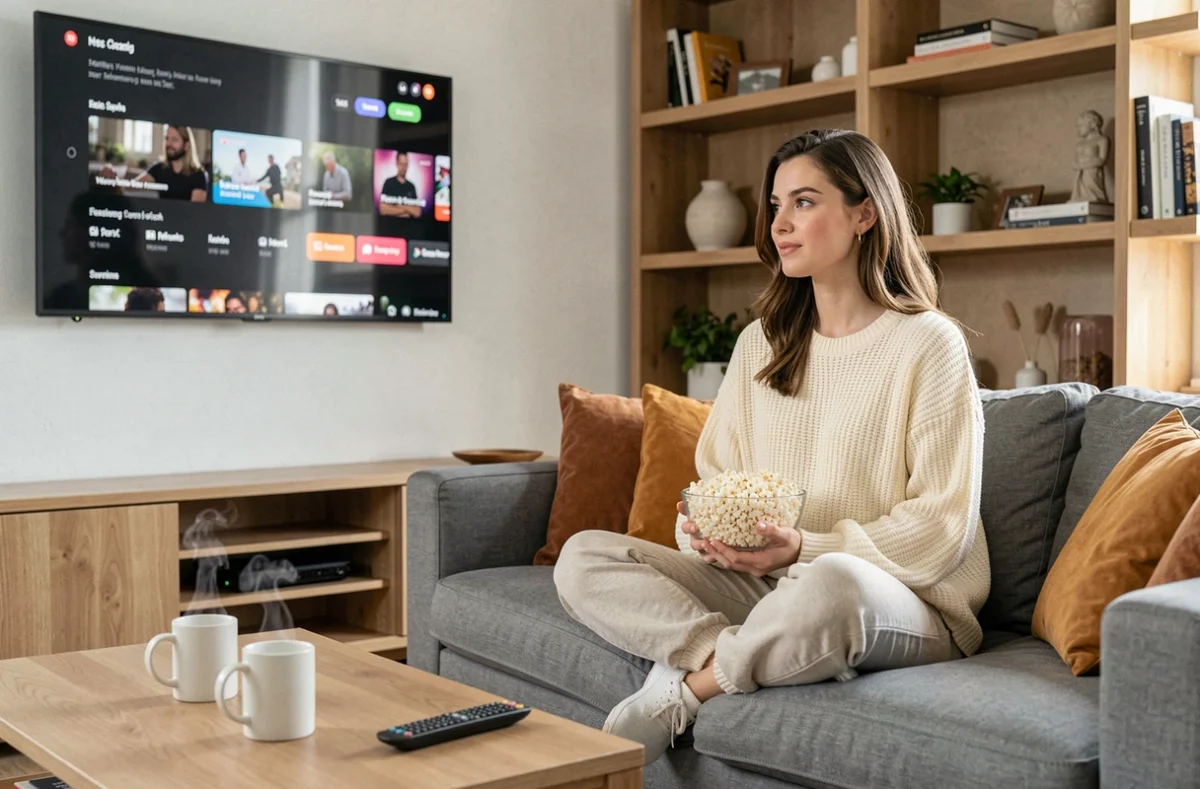 Jeune femme détendue regardant un film en streaming sur sa télévision dans son salon cosy