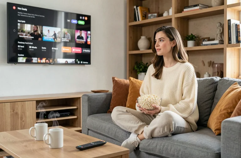 Jeune femme détendue regardant un film en streaming sur sa télévision dans son salon cosy