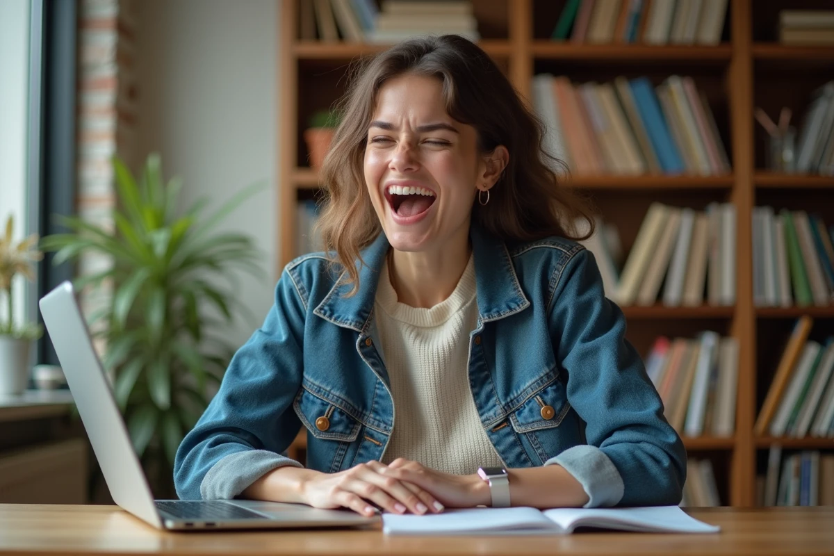 Jeune femme souriante en study avec ordinateur portable
