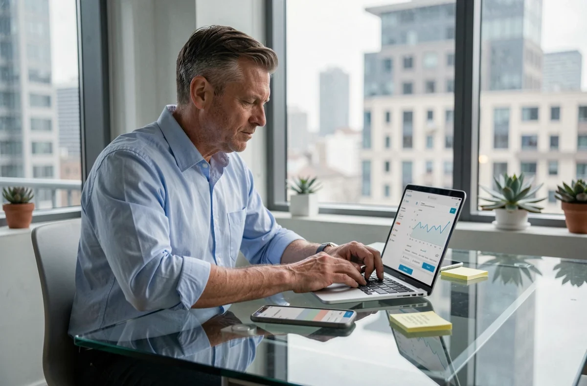 Homme consultant une application de finances personnelles sur ordinateur portable et smartphone dans un appartement moderne