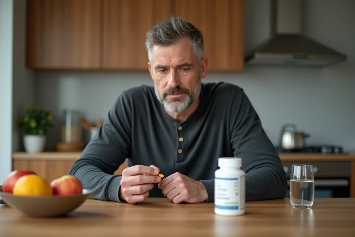 Homme lisant l'étiquette d'un complément alimentaire capillaire à sa table de cuisine