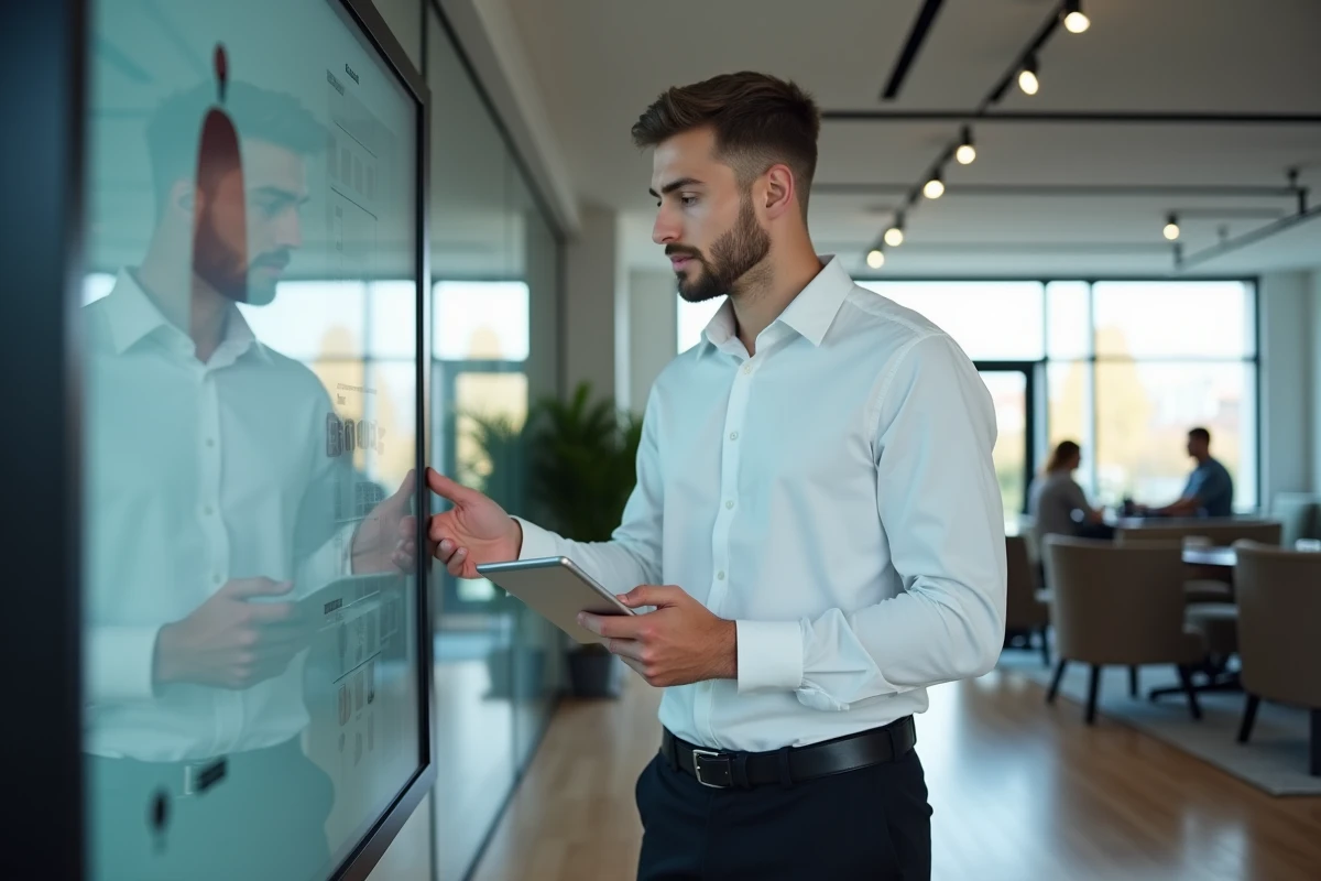 Jeune homme professionnel avec tablette dans lounge